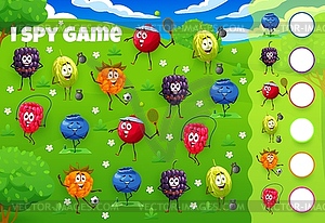 I spy game worksheet with cartoon berry characters - vector clipart