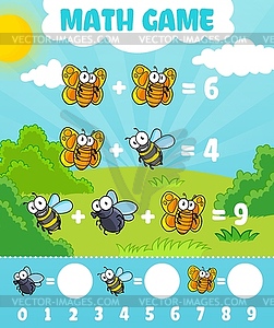 Cartoon funny insects, math game worksheet - vector image