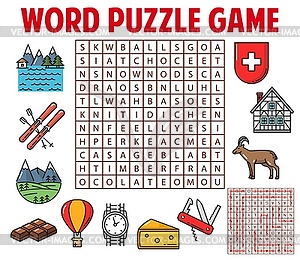 Switzerland and swiss items word search puzzle - vector image