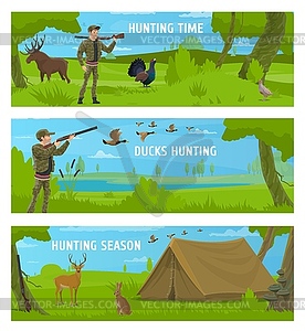 Hunting sport and animals, duck and deer hunters - vector clipart