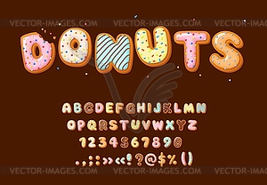 Donut font type, cartoon alphabet typeface letters - vector clip art