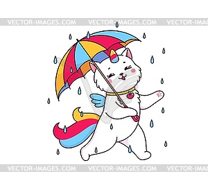 Cartoon cute caticorn character, rainbow umbrella - vector image