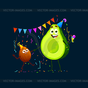 Cartoon avocado characters on holiday party - vector clipart