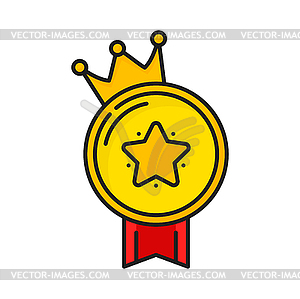 Gold medal with rank star, ribbon and crown icon - vector image