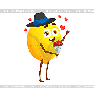 Cartoon lemon character holding bouquet of roses - vector image