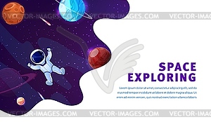 Space landing page. Cartoon astronaut and planets - vector image