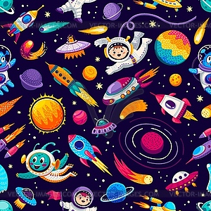 Cartoon kids space and galaxy seamless pattern - vector clip art