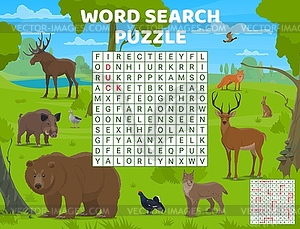 Word search puzzle. Cartoon hunting animals, birds - vector image