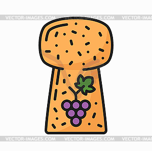 Wine cork with grape branch print outline icon - vector image