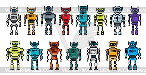 Pixel robot characters, cartoon android cyborgs - vector clipart