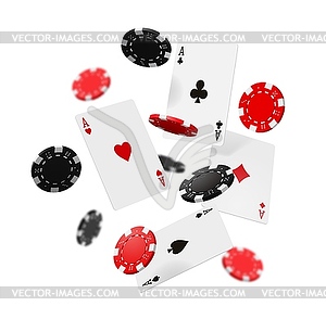 Flying casino poker cards and chips, gambling game - vector image