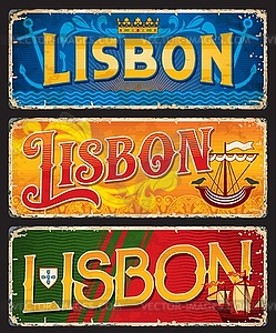 Lisbon travel stickers, plates, Portugal heraldry - vector clipart