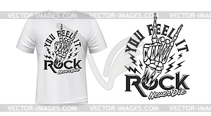 Rock music tattoo, tshirt print with skeleton hand - vector image