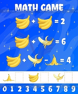 Math game cartoon raw banana fruits riddle - vector clipart