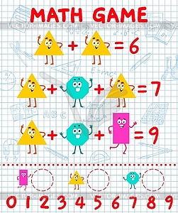 Addition math game with cartoon shape characters - vector clipart