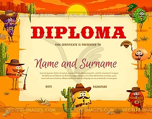 Western kids diploma, cartoon fruit cowboy sheriff - vector clipart