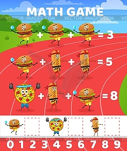 Fast food sportsman characters, math game puzzle - vector image