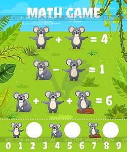 Funny koala bear characters math game worksheet - vector image