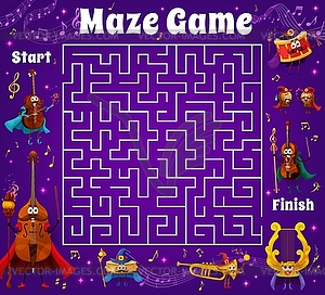 Labyrinth maze game wizard musical instruments - vector clipart