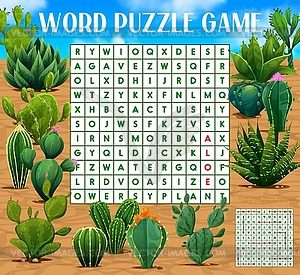 Mexican cactus succulents, word search puzzle - vector clipart