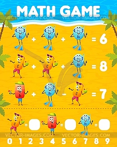 Math Game with vitamin characters on summer beach - vector image