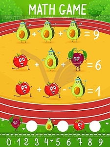 Math game worksheet cartoon avocado, tomato, beet - stock vector clipart