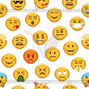 Pixel emoji seamless pattern, 8 bit game emoticons - vector image