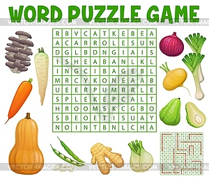 Word search game with mushrooms and vegetables - vector clip art