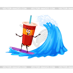 Cartoon soda drink character surfing on wave - vector image