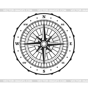 Старый компас, старинная карта навигации по розе ветров - черно-белый векторный клипарт