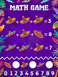 Math game worksheet mexican sombrero hats, flowers - vector clipart