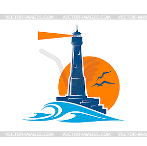 Lighthouse building and beacon on rock icon - vector image