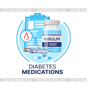 Значок диабета, полоски для анализа уровня сахара в крови, инсулин - изображение в формате EPS