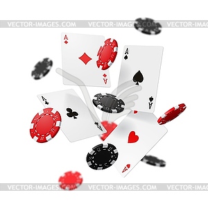 Flying casino gambling poker cards and chips - vector clipart