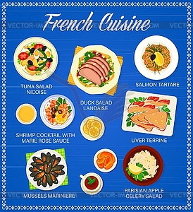 French cuisine menu, France food meals - vector image