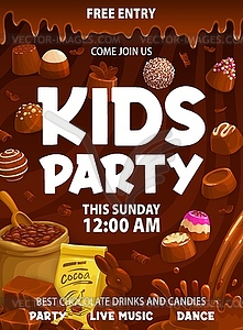 Kids sweet party flyer, chocolate, praline candies - vector image