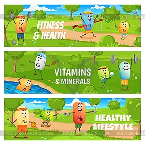 Fitness, health, cartoon vitamins, minerals, sport - vector image