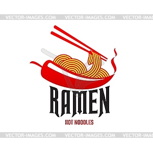 Hot ramen noodles with chopsticks and steam icon - vector image