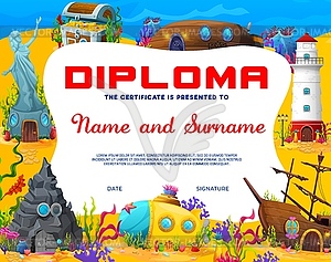 Kids diploma, cartoon underwater landscape, ships - vector clipart