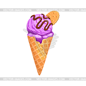Cartoon ice cream waffle cone with cracker cookie - vector image