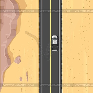 Desert road top view landscape, sand, car, rocks - vector image