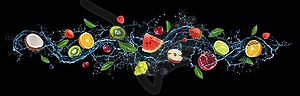 Всплеск водной волны, фрукты, ягоды и листья - изображение в векторе