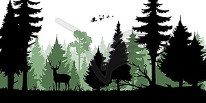 Forest trees silhouettes, deer and duck, hunting - vector clipart