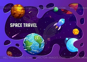 Paper cut space landscape with planets and rocket - vector clipart