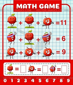 Веселые мультяшные персонажи red apple, математическая игра - цветной векторный клипарт