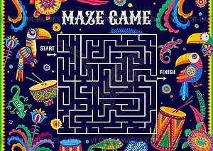 Labyrinth maze, help to toucan find couple game - vector clipart