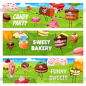 Candy party of cartoon dessert and cake characters - vector clip art