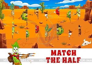 Match half, cartoon cowboy vegetables, puzzle game - vector image