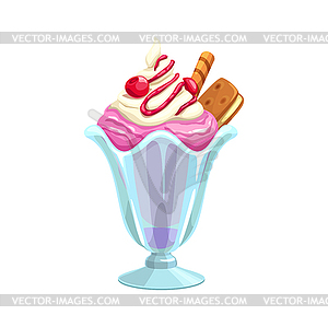 Cartoon ice cream, strawberry sundae in glass cup - vector clip art