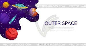 Landing page, space, cartoon galaxy planets, UFO - vector clipart